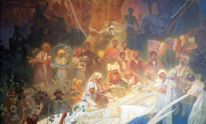 Mucha conçoit son projet de la fresque monumentale de l'Épopée Slave entre 1899 et 1900 comme " une lumière grande et glorieuse qui, avec ses idéaux purs et ses ardents avertissements, illumine l'esprit de tous les gens " .